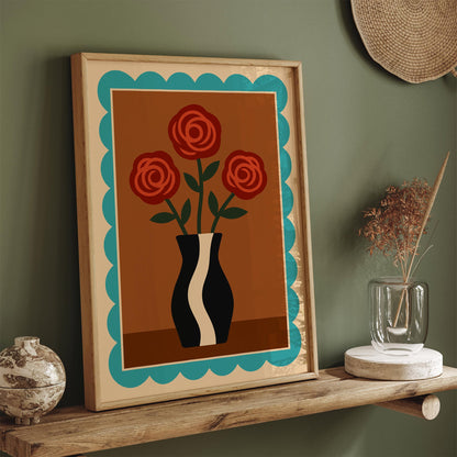 Retro Red Roses in Vase Poster - Vintage Wall Art