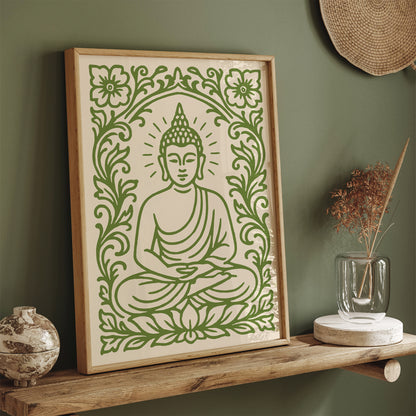 Green Sitting Buddha Poster – Floral Buddhist Art Print