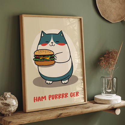 Funny Cartoon Cat with Hamburger Art Print