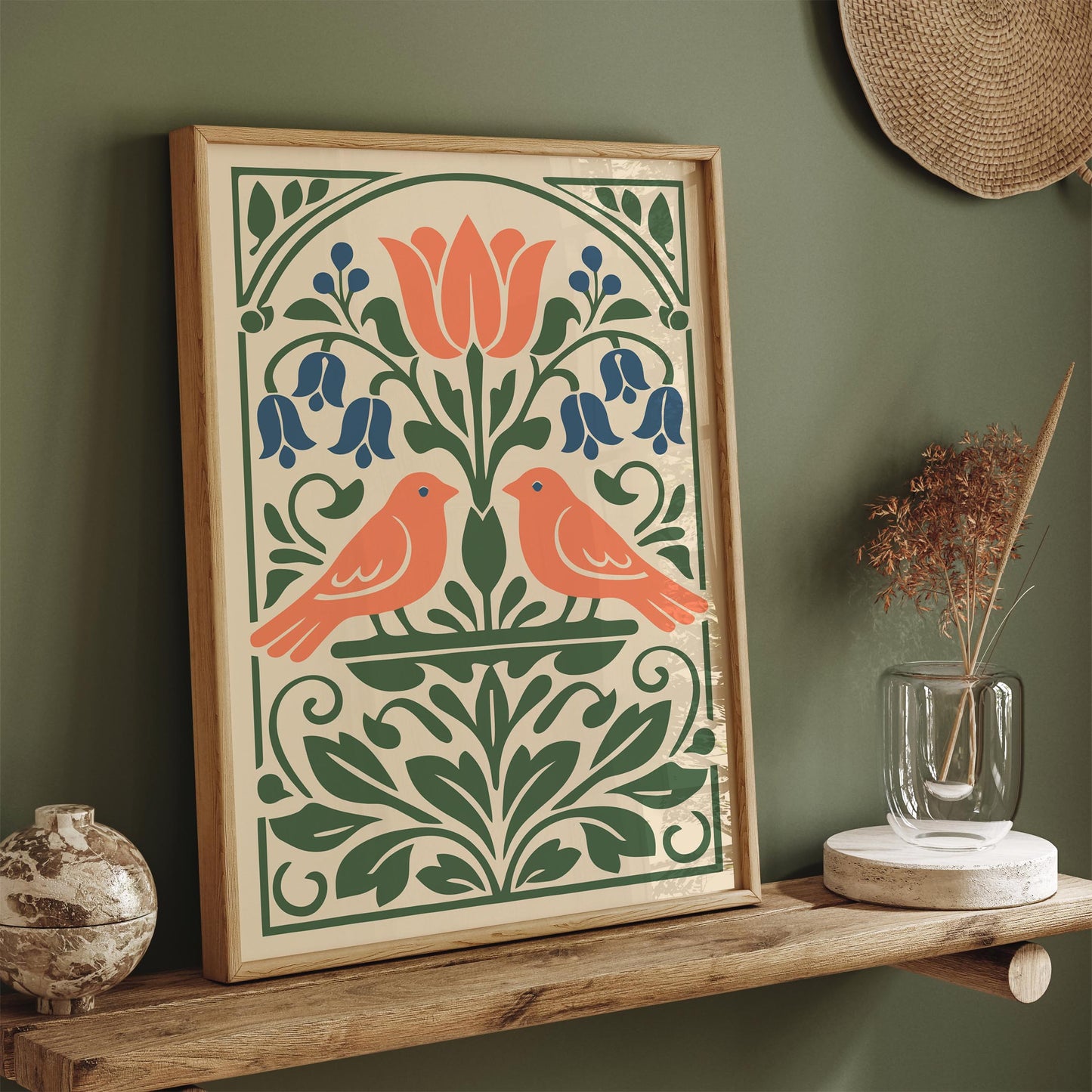 Two Spring Birds Folk Wall Art Print