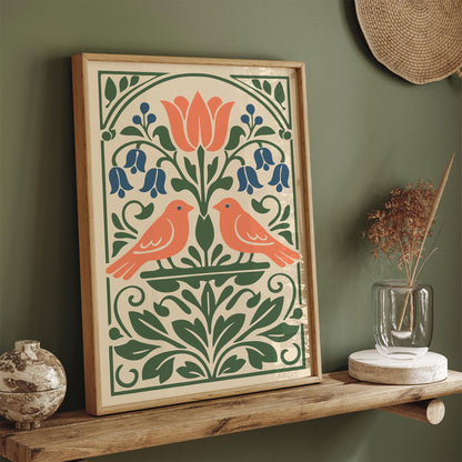 Two Spring Birds Folk Wall Art Print