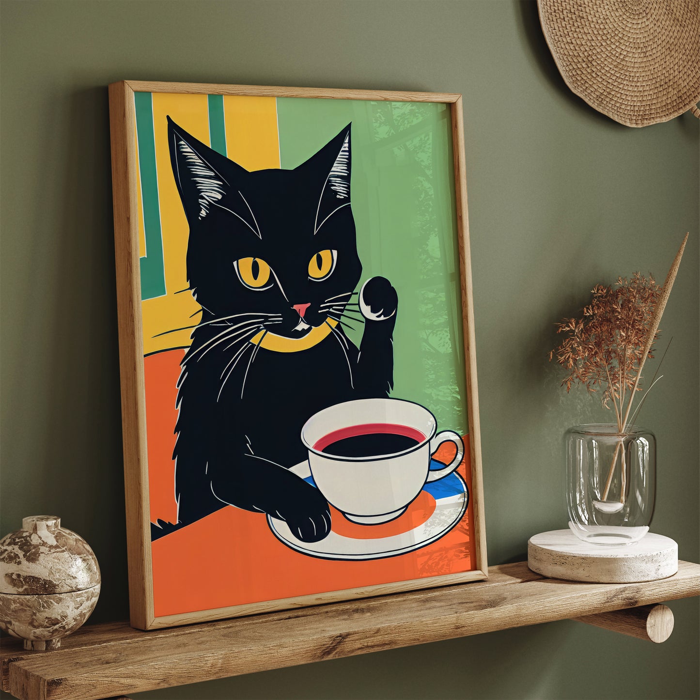 Black Coffee Cat Retro Print