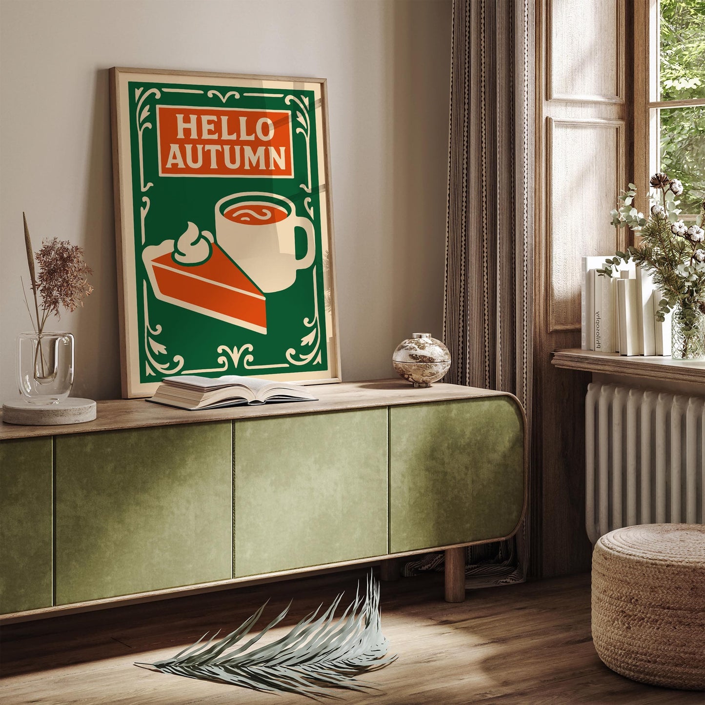 Hello Autumn Poster - Pumpkin Pie and Hot Cocoa Drink Wall Art