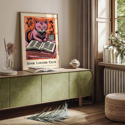 Pink Cat and Books Poster – Book Lovers Club Wall Art