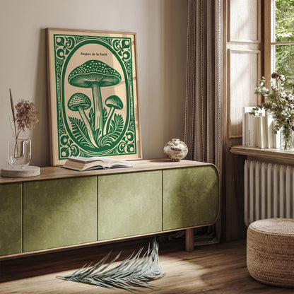 Forest Gems Green Linocut Mushroom Poster
