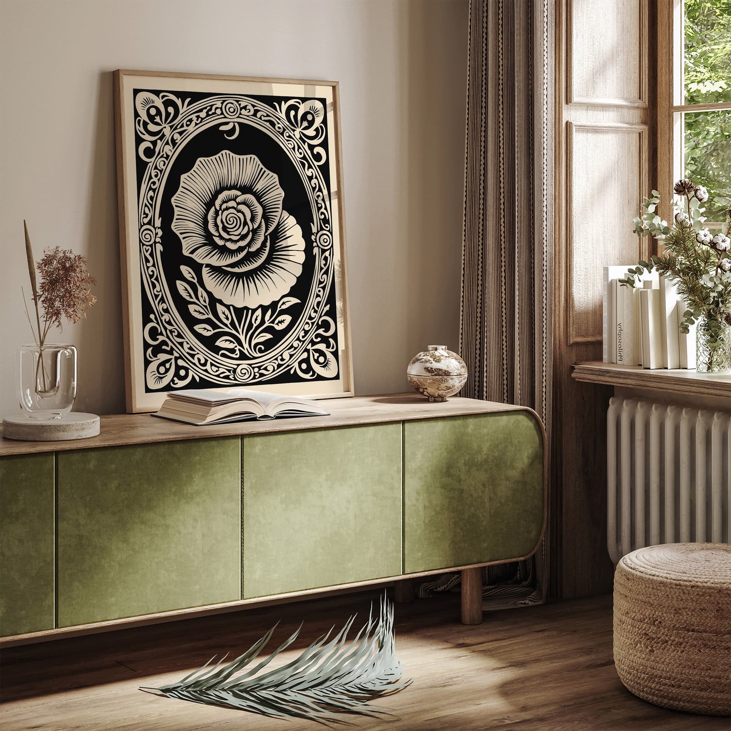 Black Rococo Revival Rose Flower Poster