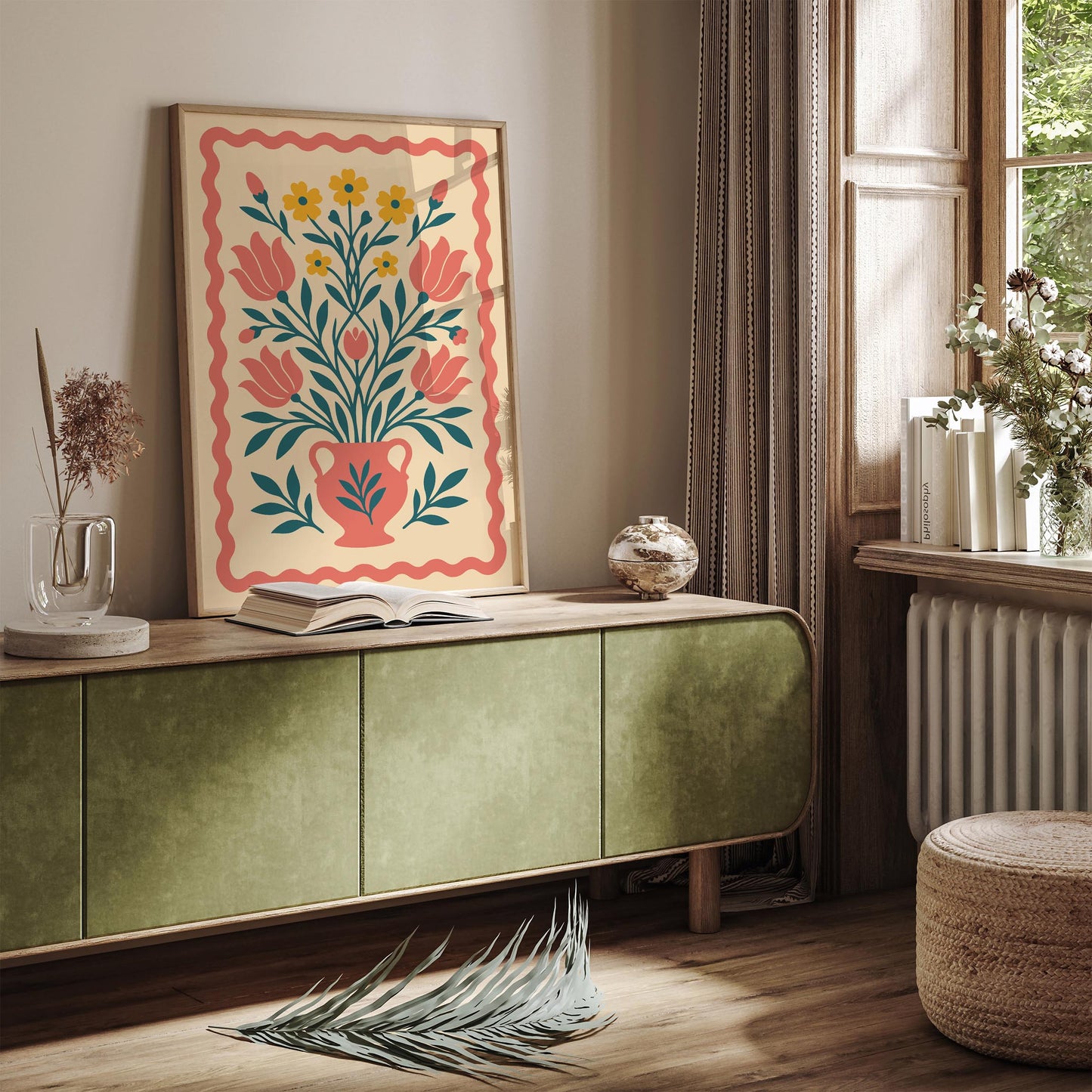 Boho Floral Vase Poster - Folk Botanical Print