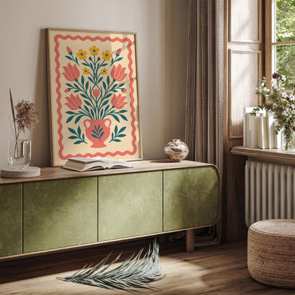 Boho Floral Vase Poster - Folk Botanical Print