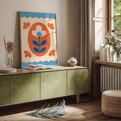 Folk Flower Poster - Blue and Orange Floral Print