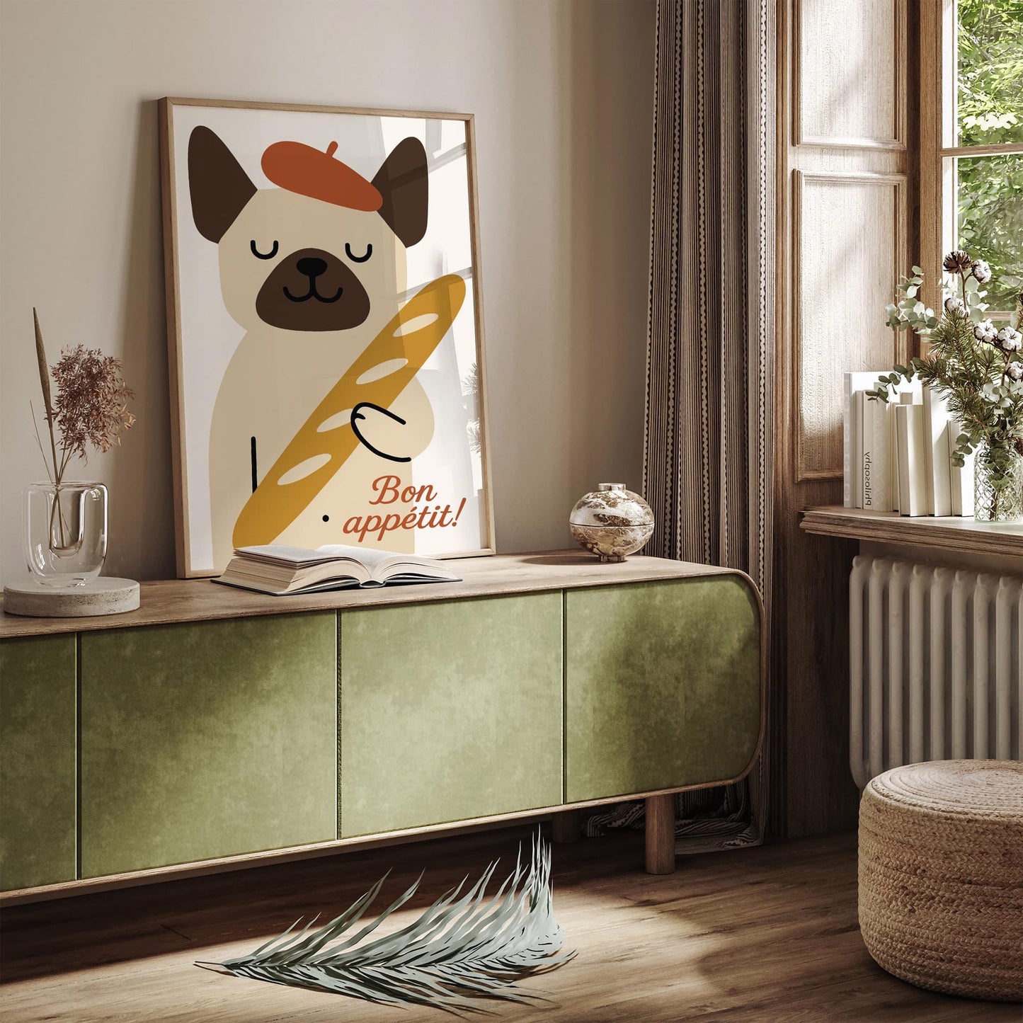 Bon Appetit! Cute Dog with Baguette Poster