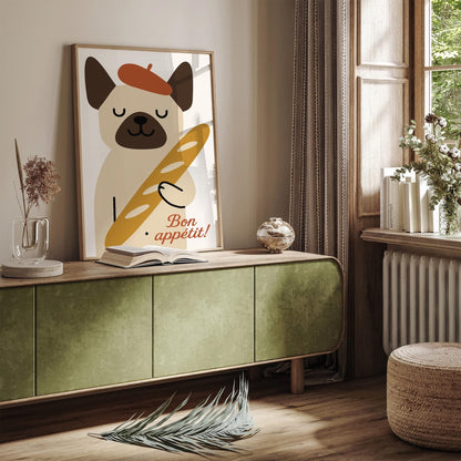 Bon Appetit! Cute Dog with Baguette Poster
