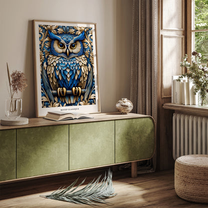Blue Art Nouveau Owl Art Print