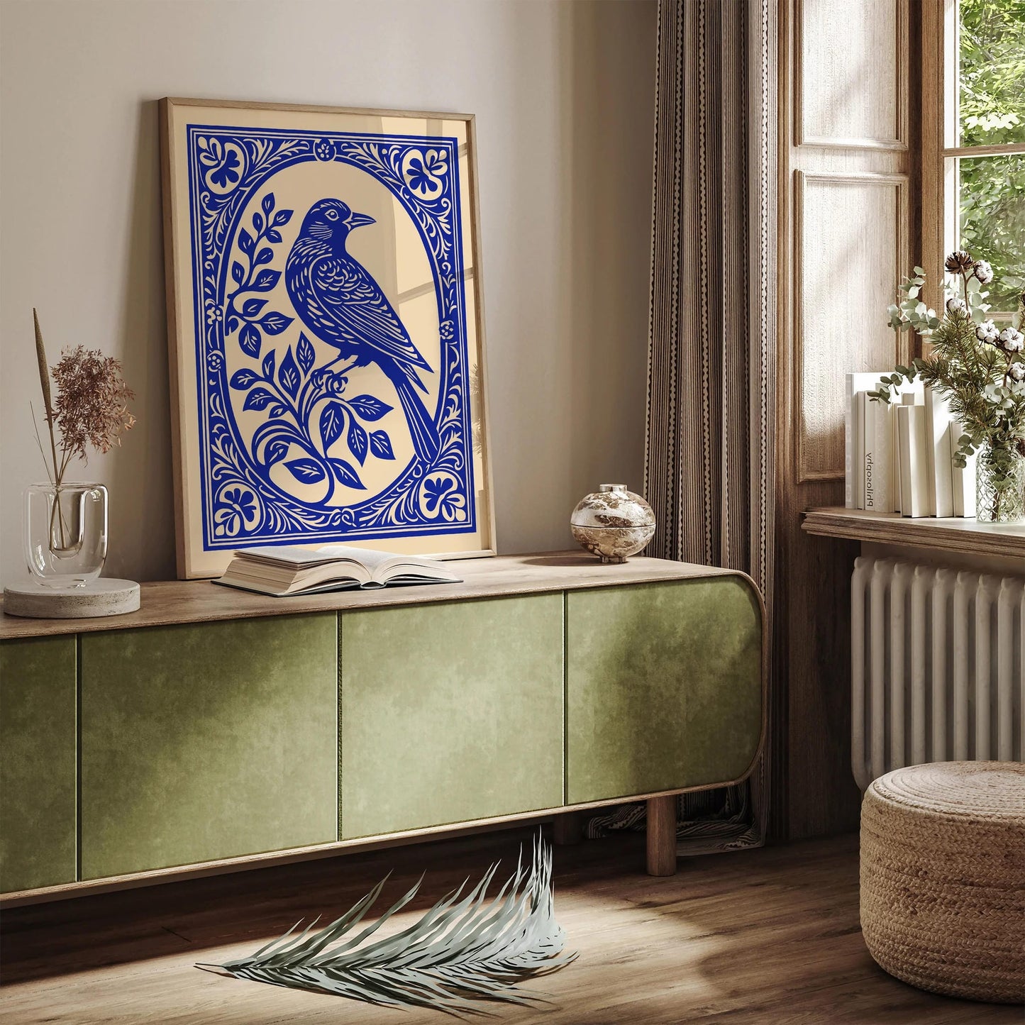 Blue Indigo Bird in Rococo Floral Frame Poster