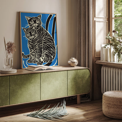 Retro Cats Linocut Poster