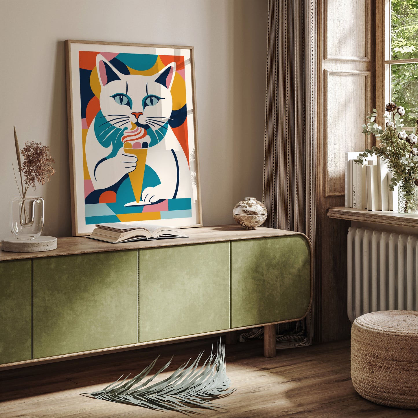 Cat with Ice Cream Poster Kids Room Wall Art