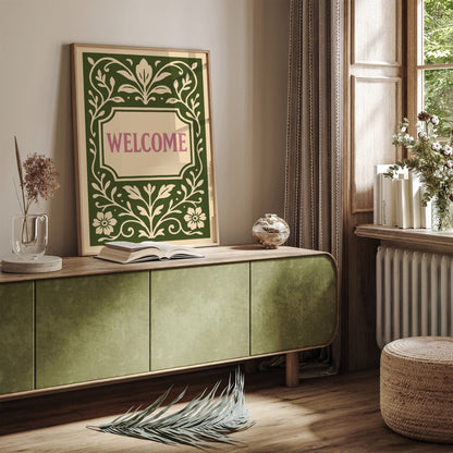 Green Welcome Sign Art Print in Floral Botanical Rococo Style
