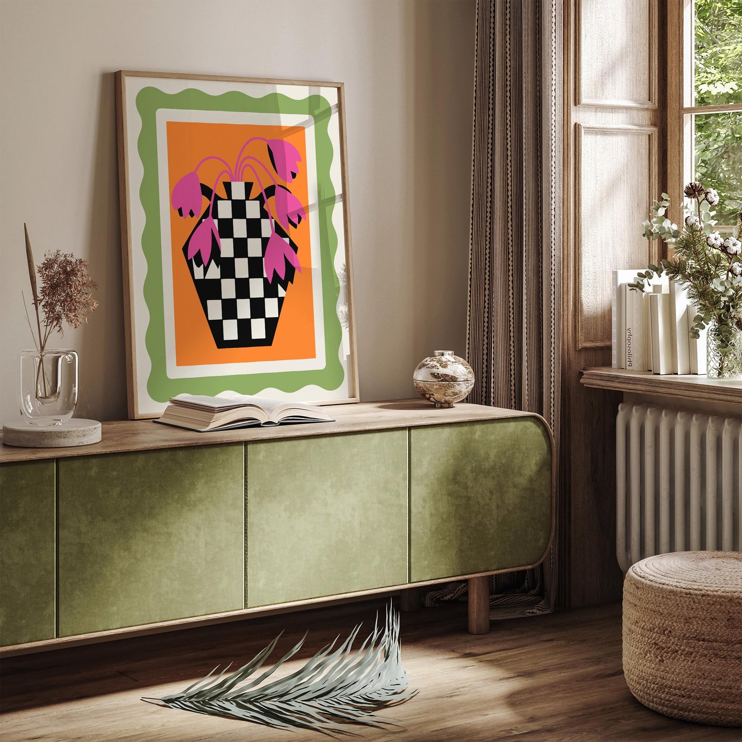 Retro Tulips Poster - Pink Floral Checkerboard Wall Art