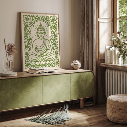 Green Sitting Buddha Poster – Floral Buddhist Art Print