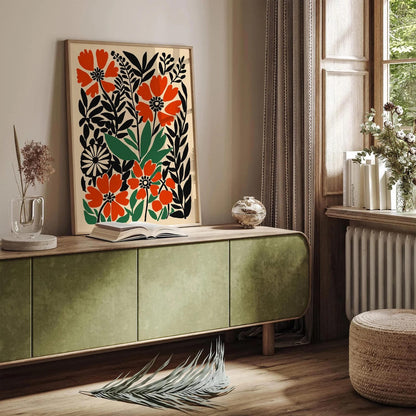 Retro Flower Garden Red Floral Art Print