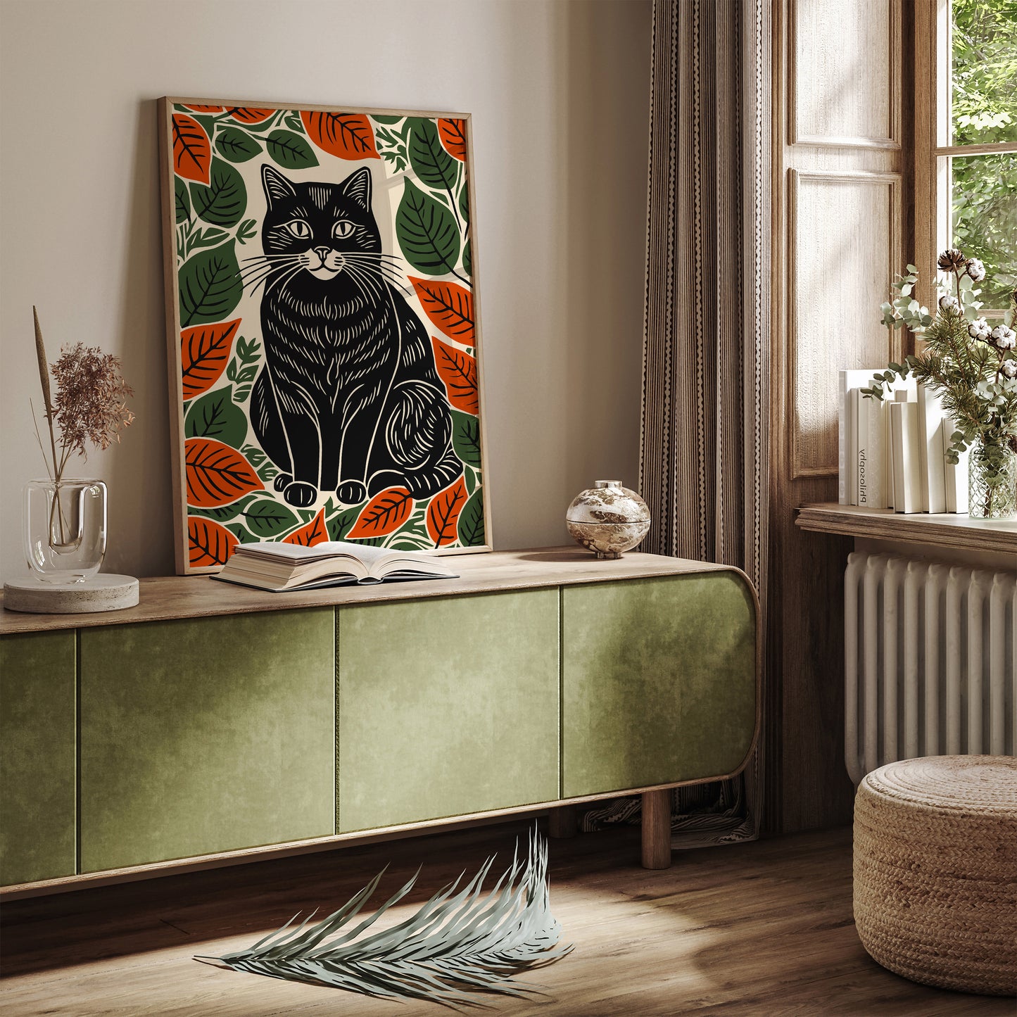 Black Cat in Fall Leaves Art Print 2025