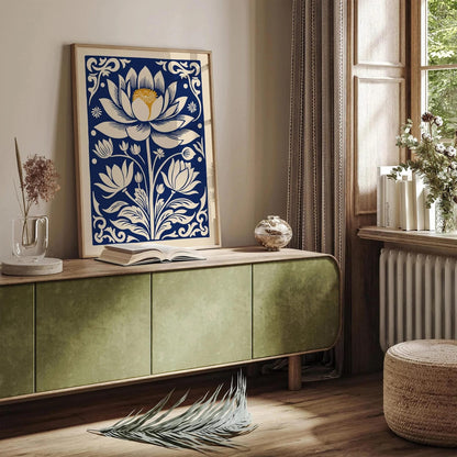Navy Blue Flower Poster, Mystical Floral Wall Art