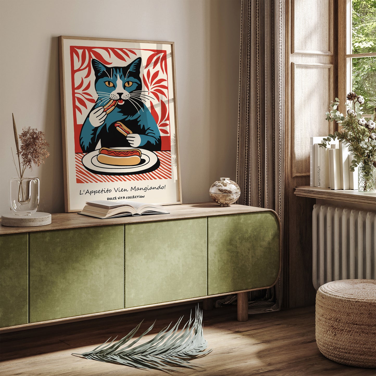 Funny Cat Eating Hot Dog Italian Art Print