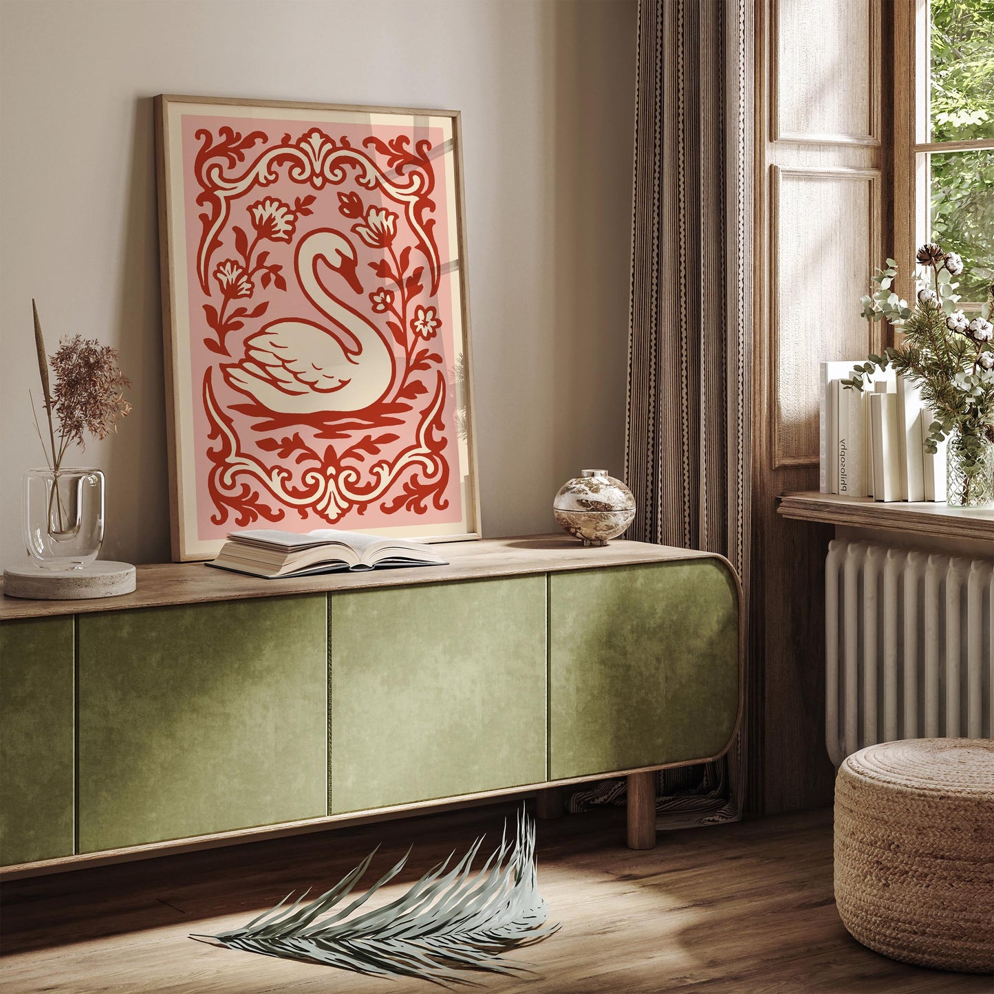 Rococo Swan Poster – Pink Red Vintage Wall Art