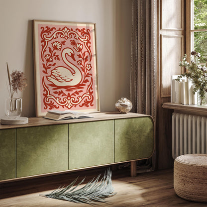 Rococo Swan Poster – Pink Red Vintage Wall Art