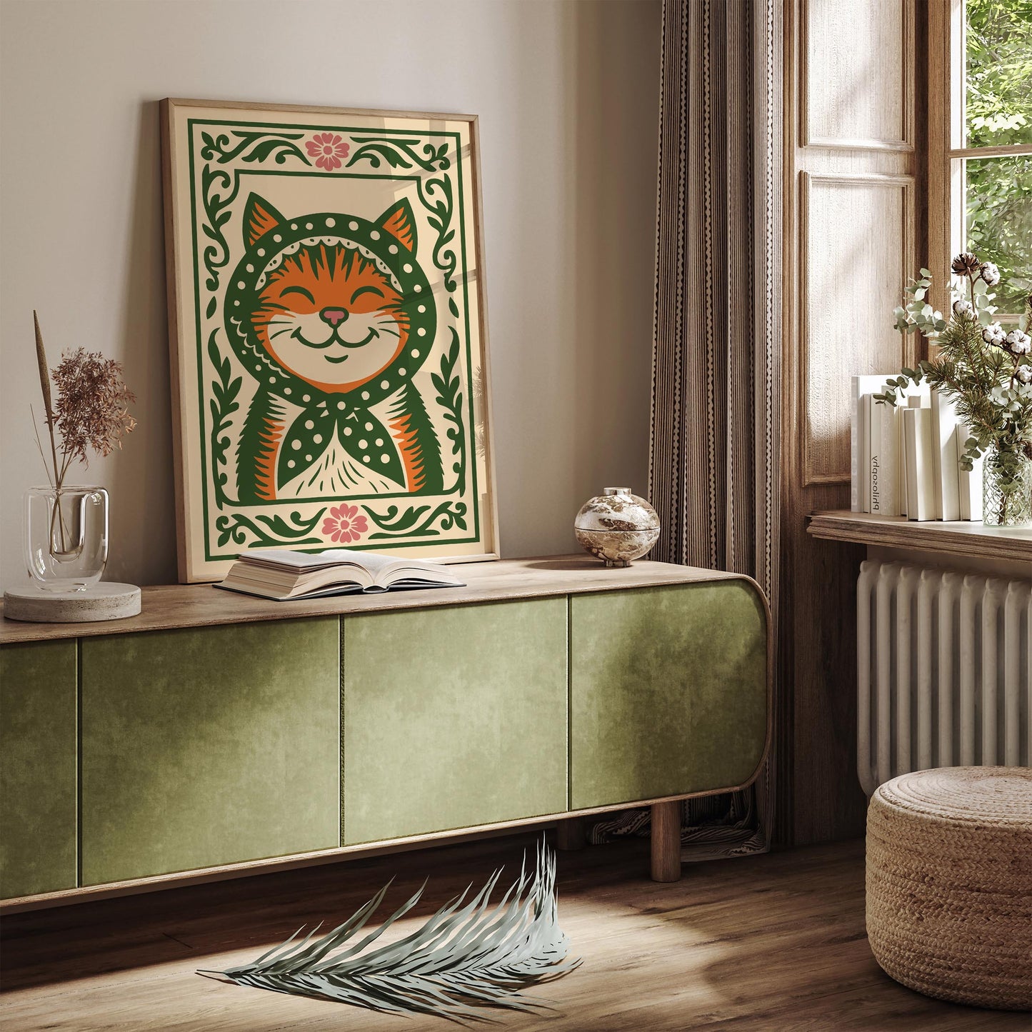 Whimsical Cat Poster - Folk Art Animal Wall Print