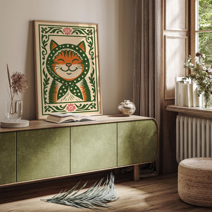 Whimsical Cat Poster - Folk Art Animal Wall Print