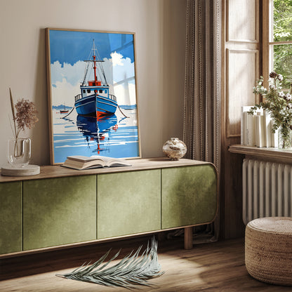 Boat On Ocean Blue Painting Print