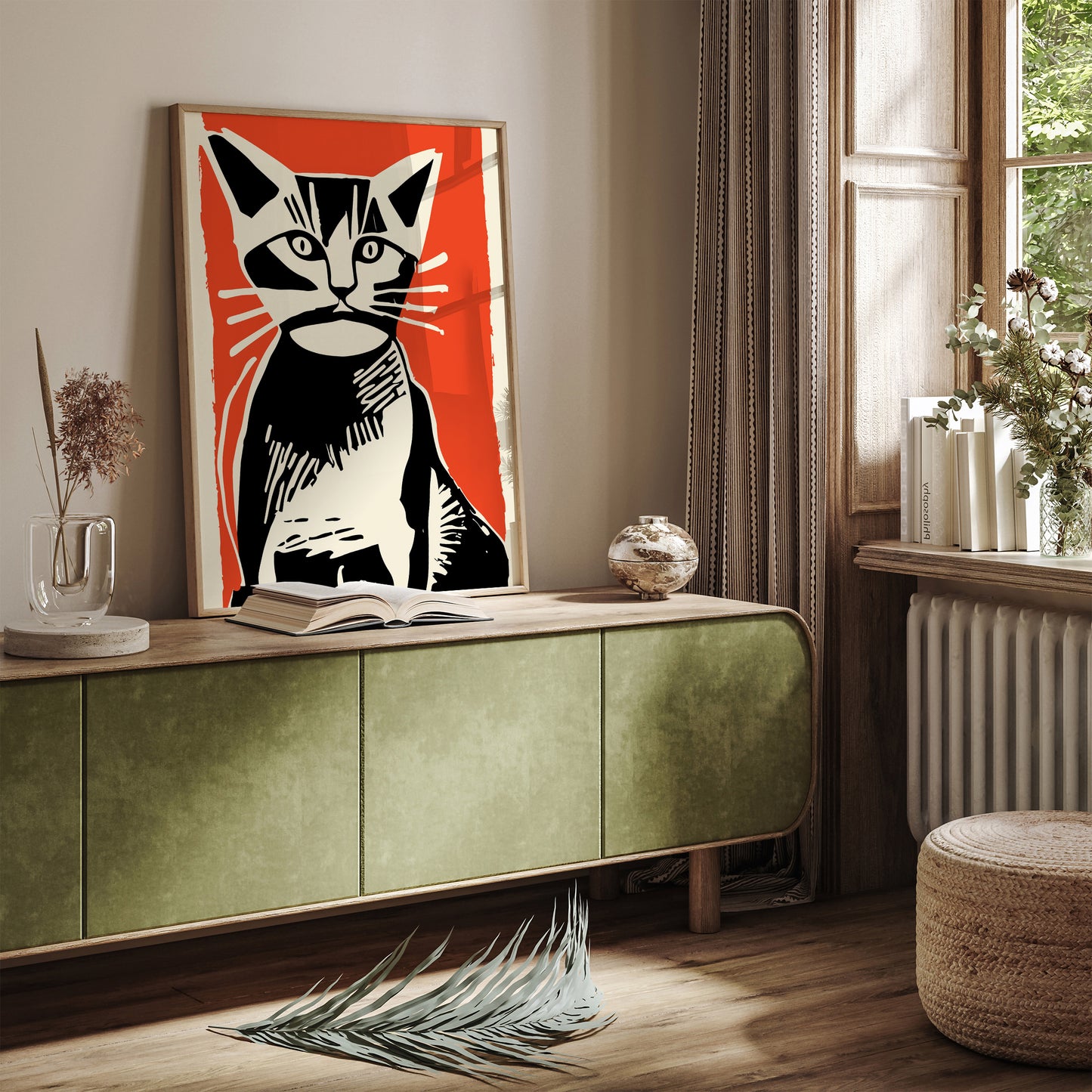 Retro Cat Linocut Wall Art Poster