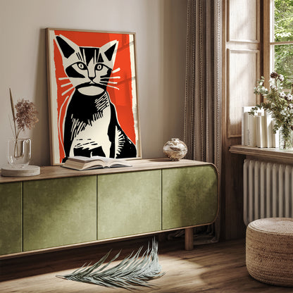 Retro Cat Linocut Wall Art Poster