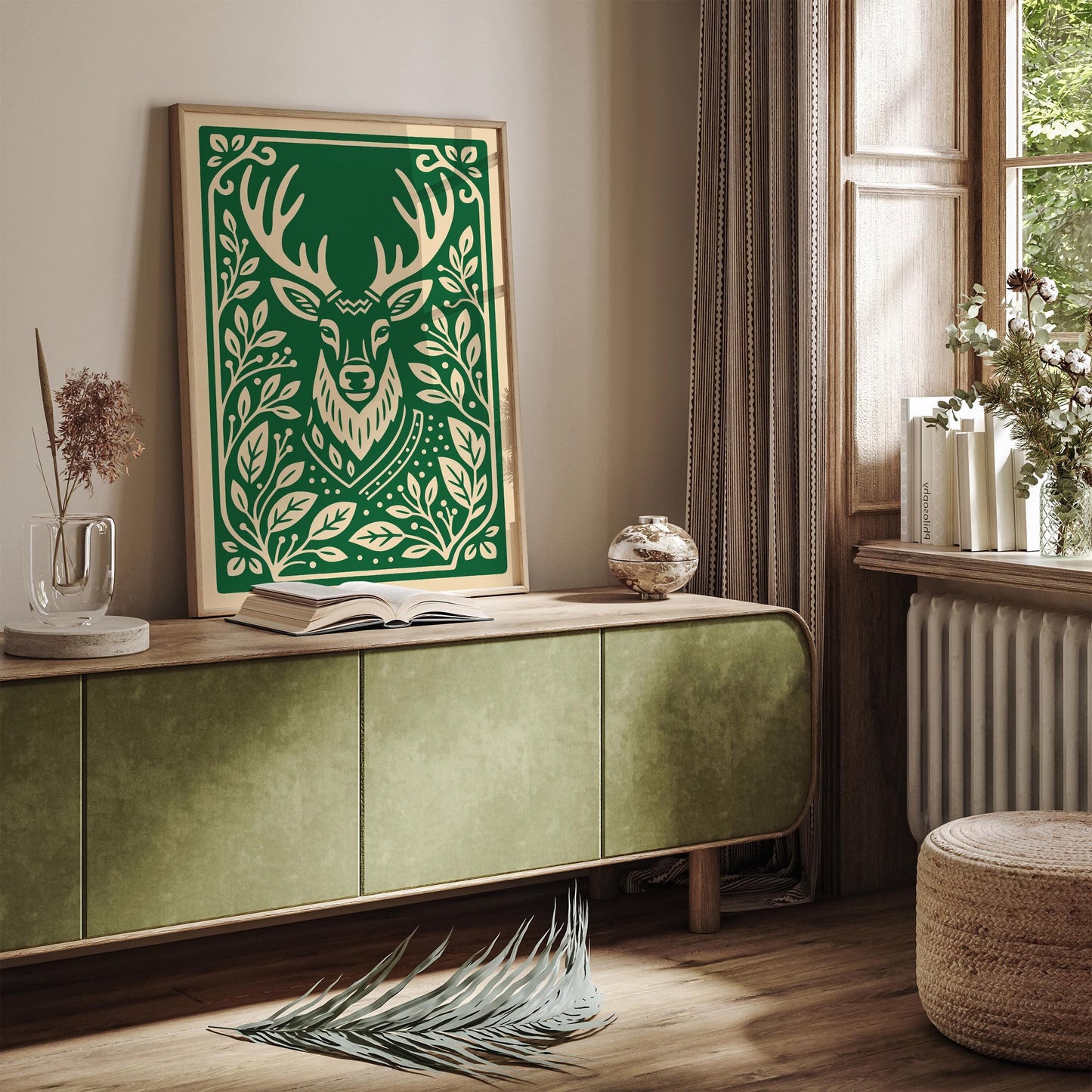 Reindeer Christmas Poster - Green Holiday Wall Art