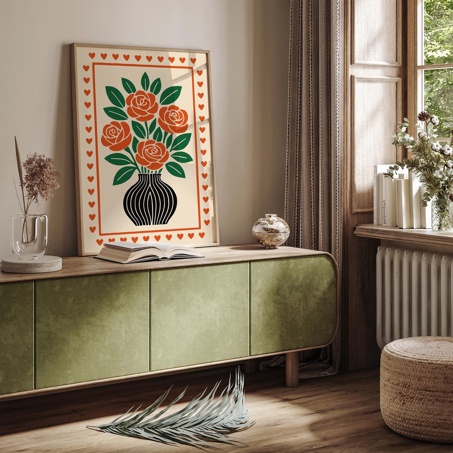 Red Roses Poster - Retro Flowers in Vase Print