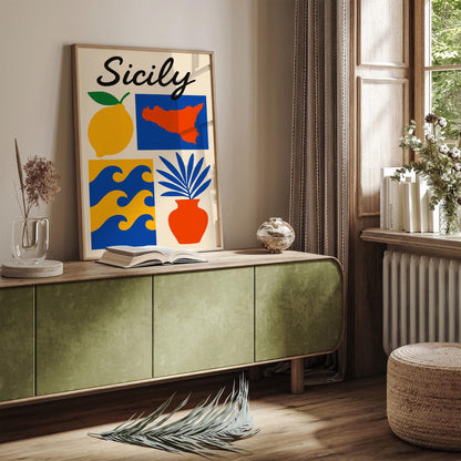 Mid Century Modern Sicily Travel Poster