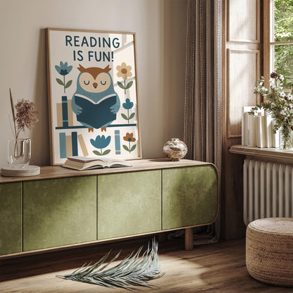 Reading is Fun! Poster - Blue Owl Art Print