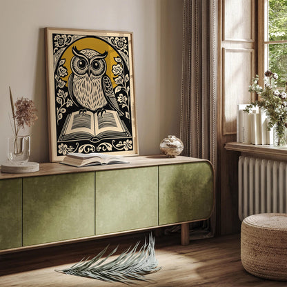 Vintage Owl with Book Linocut Style Print