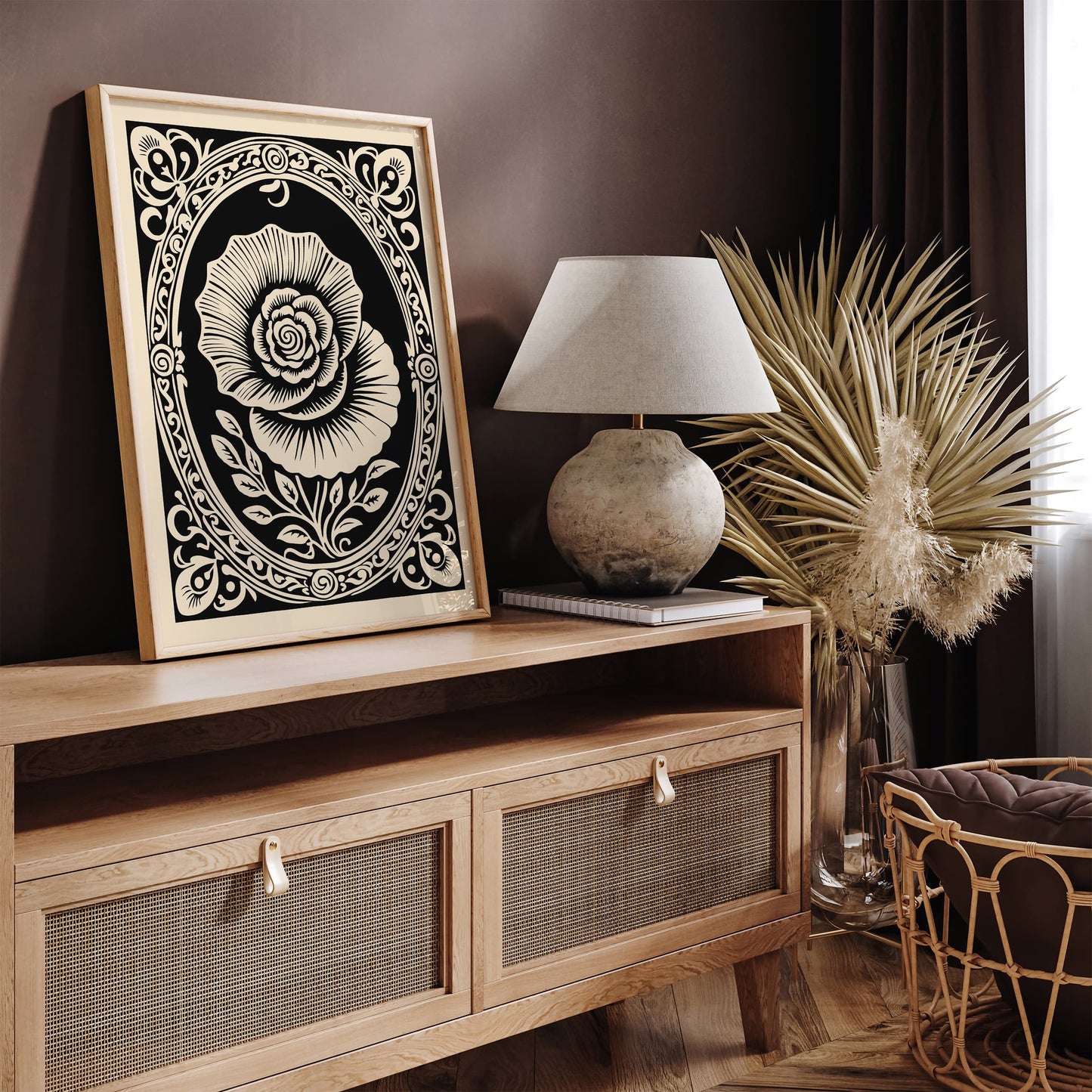 Black Rococo Revival Rose Flower Poster
