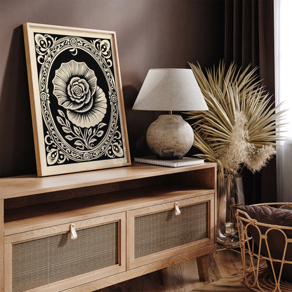 Black Rococo Revival Rose Flower Poster