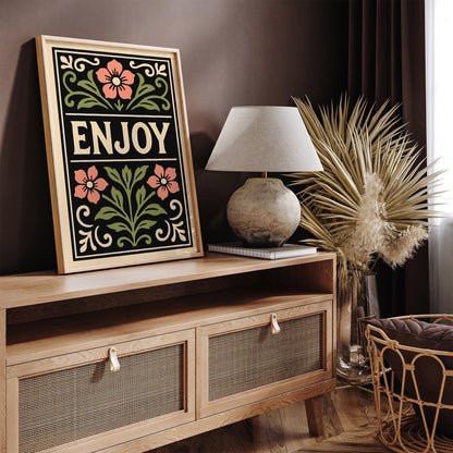 Enjoy Quote Poster, Black Rococo Floral Art Print
