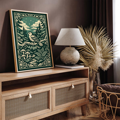 Night Forest Bird Art Poster