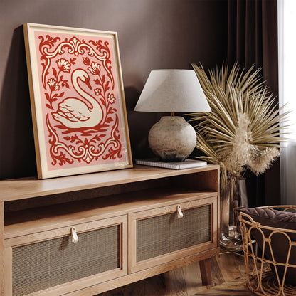 Rococo Swan Poster – Pink Red Vintage Wall Art