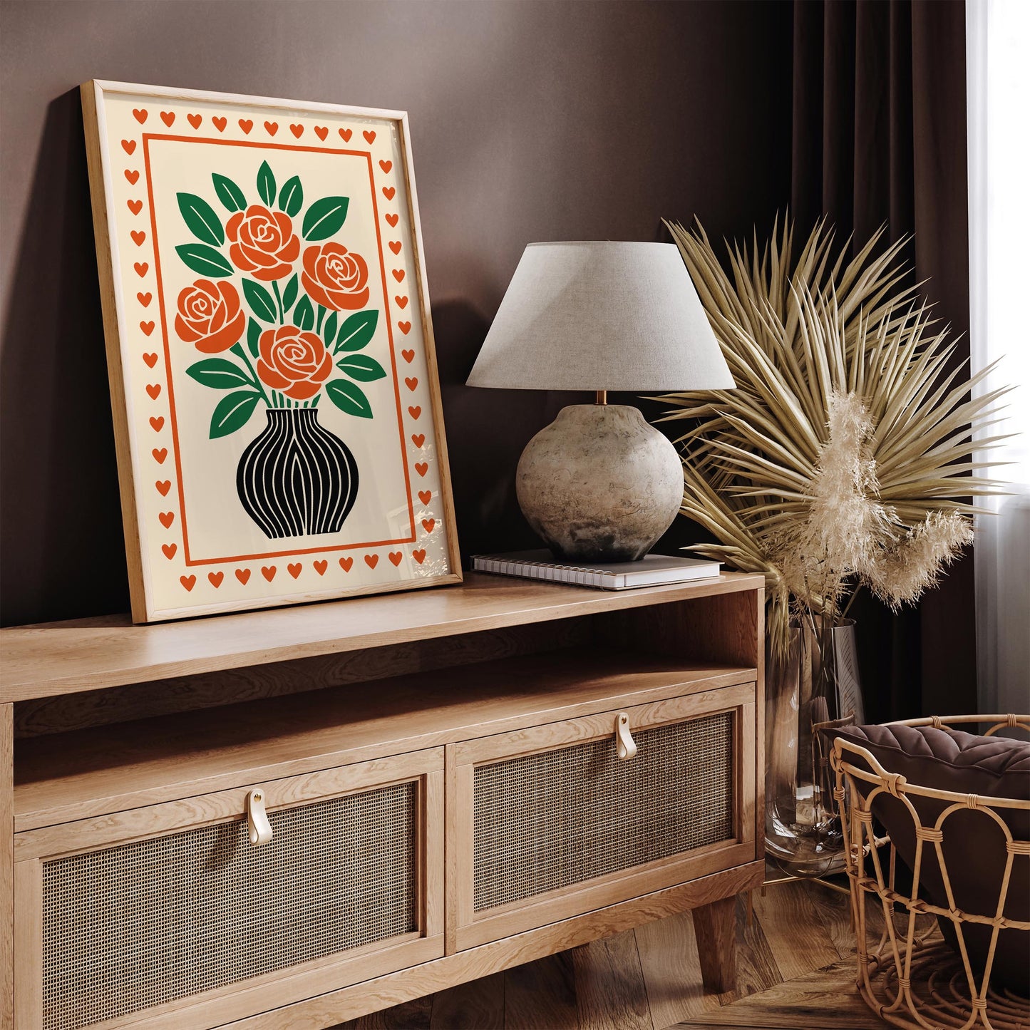 Red Roses Poster - Retro Flowers in Vase Print