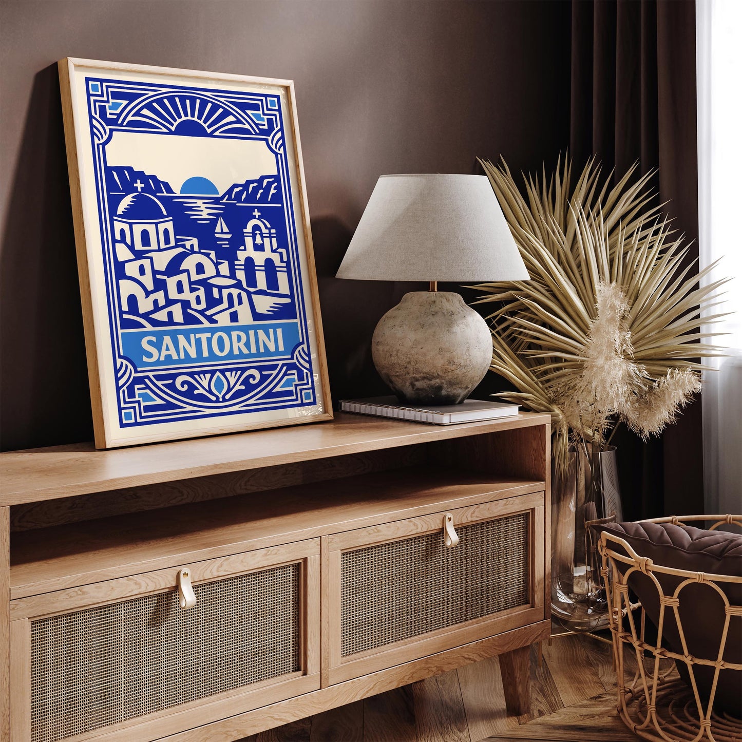 Blue Art Deco Santorini Wall Art Print – Greek Island Decor
