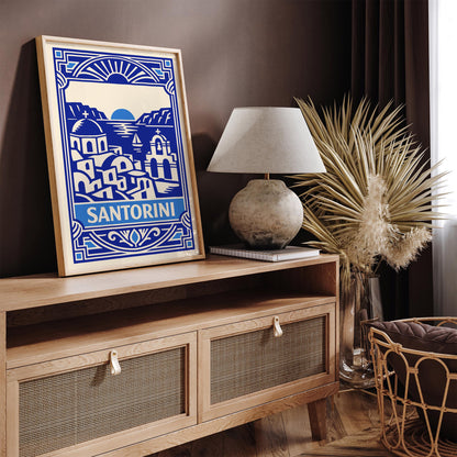 Blue Art Deco Santorini Wall Art Print – Greek Island Decor