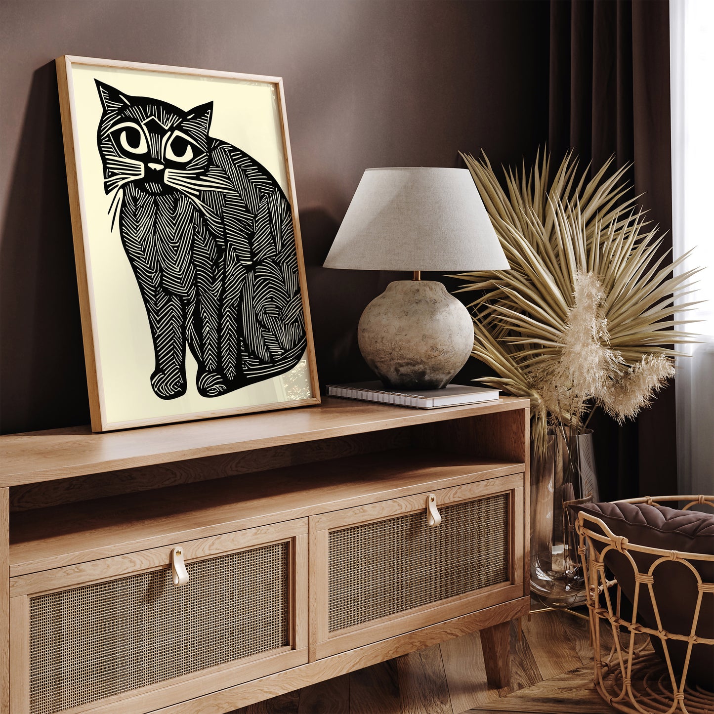 Linocut Chubby Cat Wall Art Print