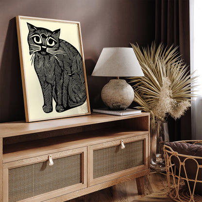 Linocut Chubby Cat Wall Art Print