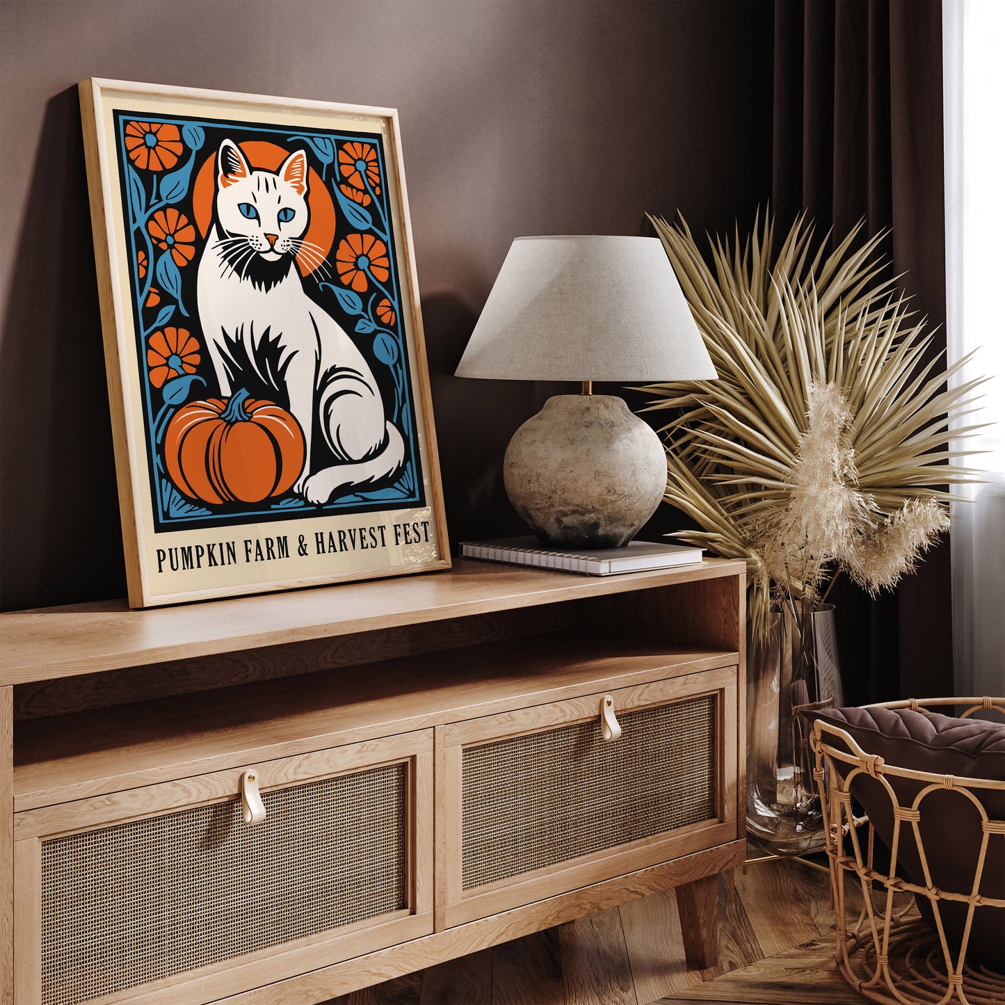 White Cat and Pumpkin Harvest Festival Poster