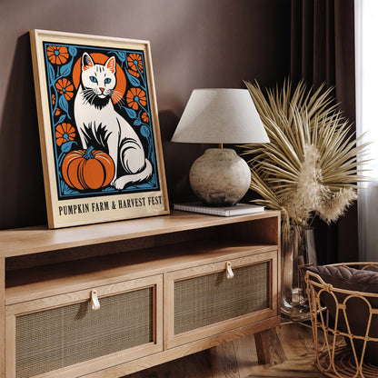 White Cat and Pumpkin Harvest Festival Poster